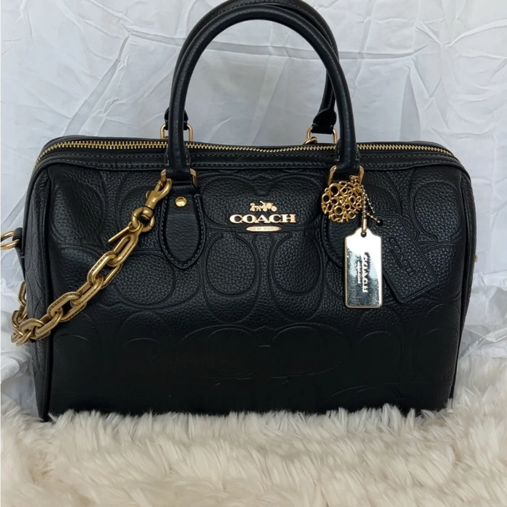 COACH Black Embossed Leather Satchel with Gold Hardware and coach charms - Picture 2 of 12